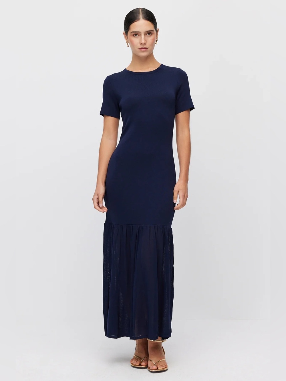 ZARA Navy Blue Long Combined Knit Dress Semi Sheer Maxi Flounce Hem S